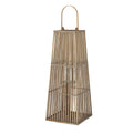 Full view of a tall grey-brown lantern with three tapered slat sections, a square base and high arched handle.