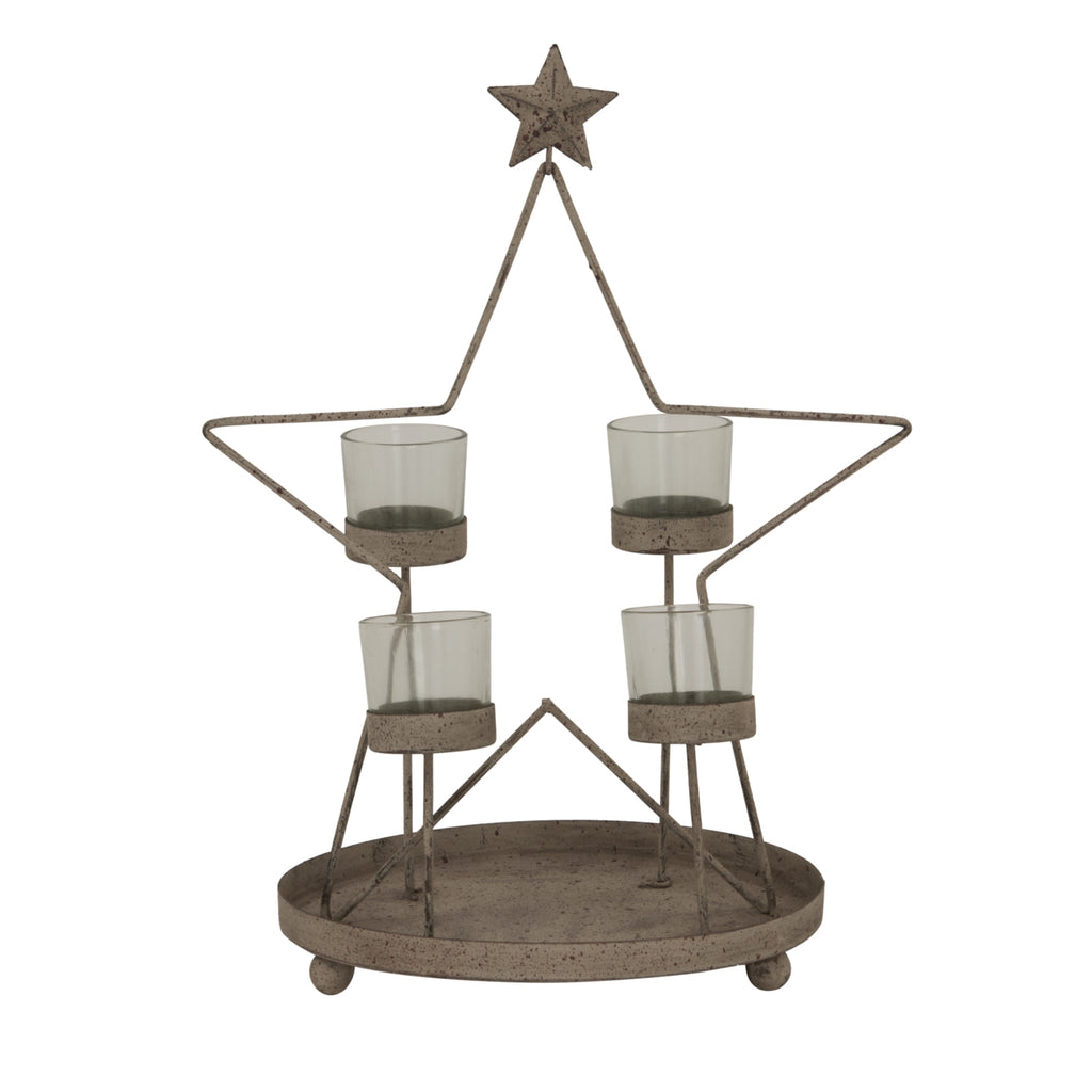 Full view of the Staggered Startray Candle Holder with four grey-green cups at staggered heights, a large star outline, a small star at the top and a round tray on short feet.