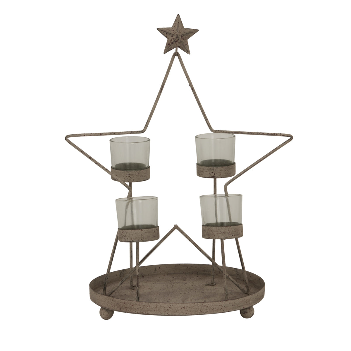 Full view of the Staggered Startray Candle Holder with four grey-green cups at staggered heights, a large star outline, a small star at the top and a round tray on short feet.