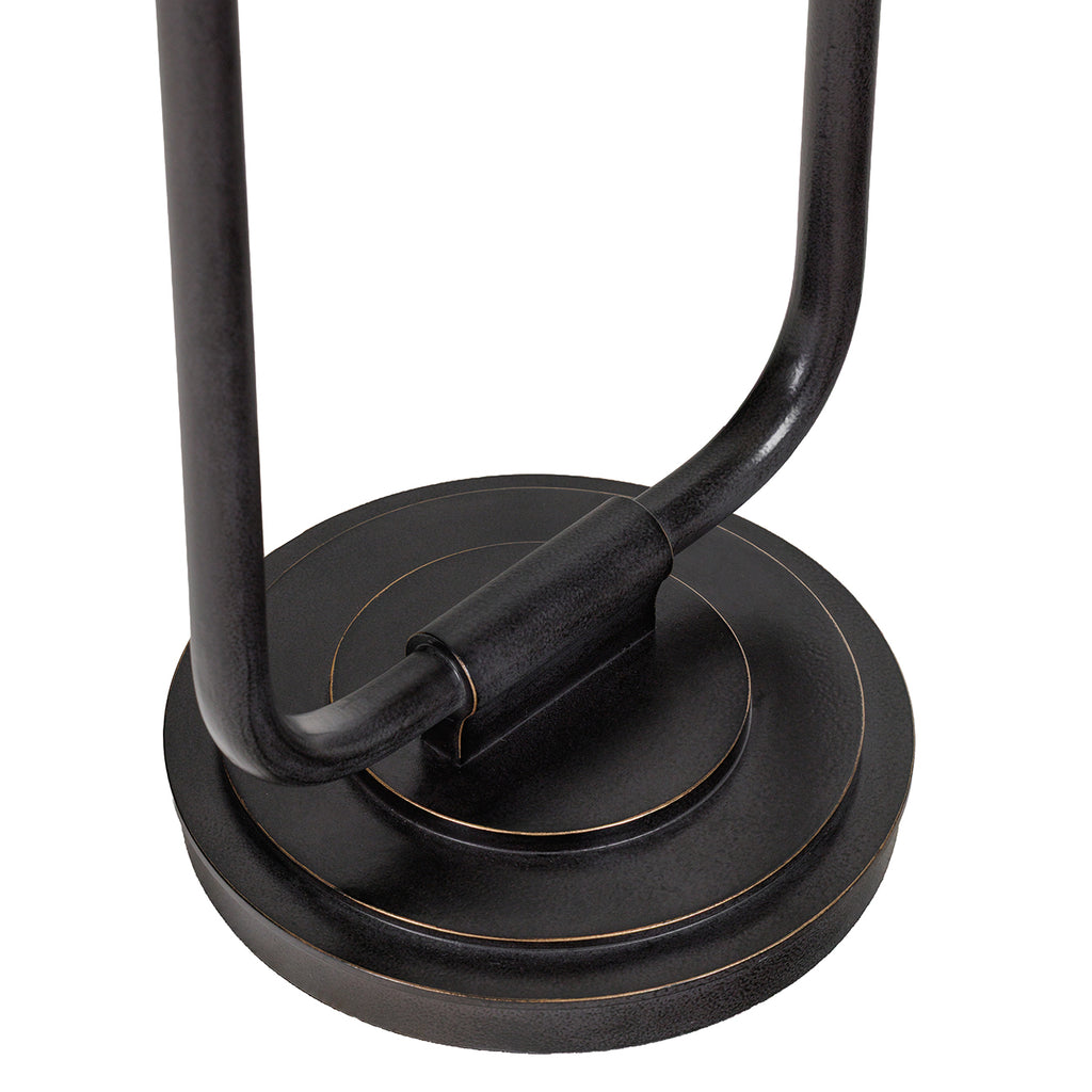 Close-up of the lamp's curved lower frame and tiered circular base, with fine golden lines around the dark edges.
