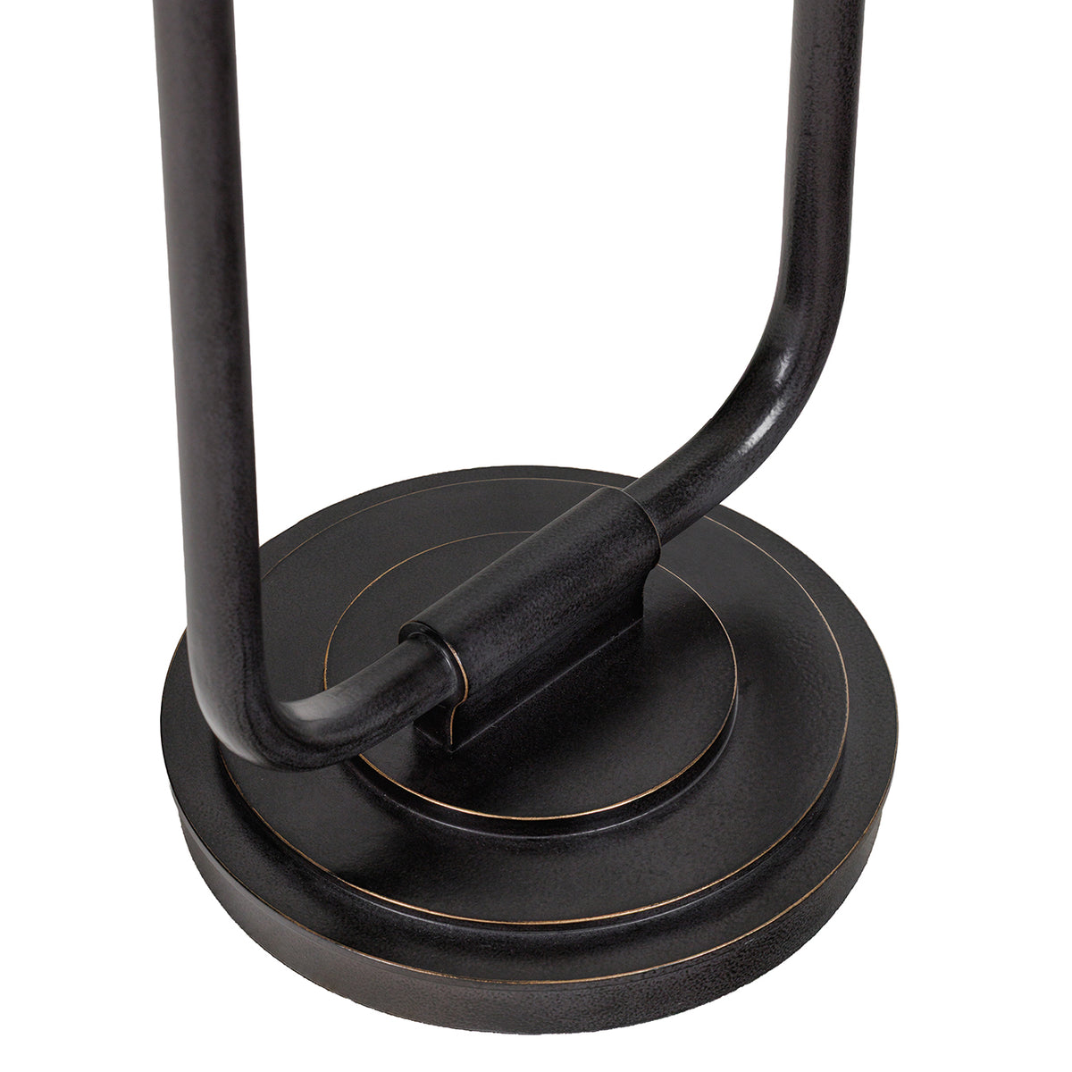 Close-up of the lamp's curved lower frame and tiered circular base, with fine golden lines around the dark edges.