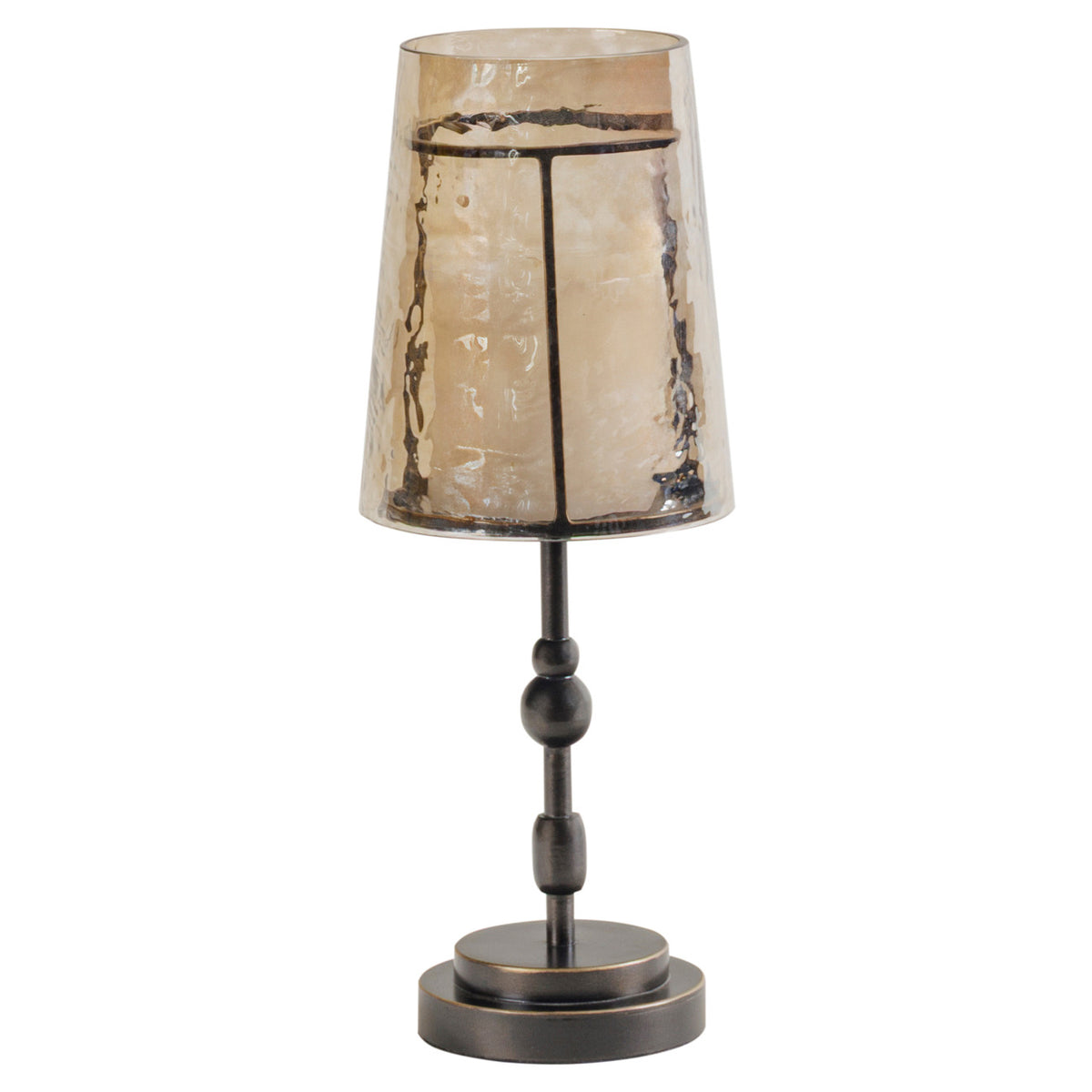 Full view of the candleholder with a tapered copper-brown glass shade, dark beaded stem and stepped circular base.