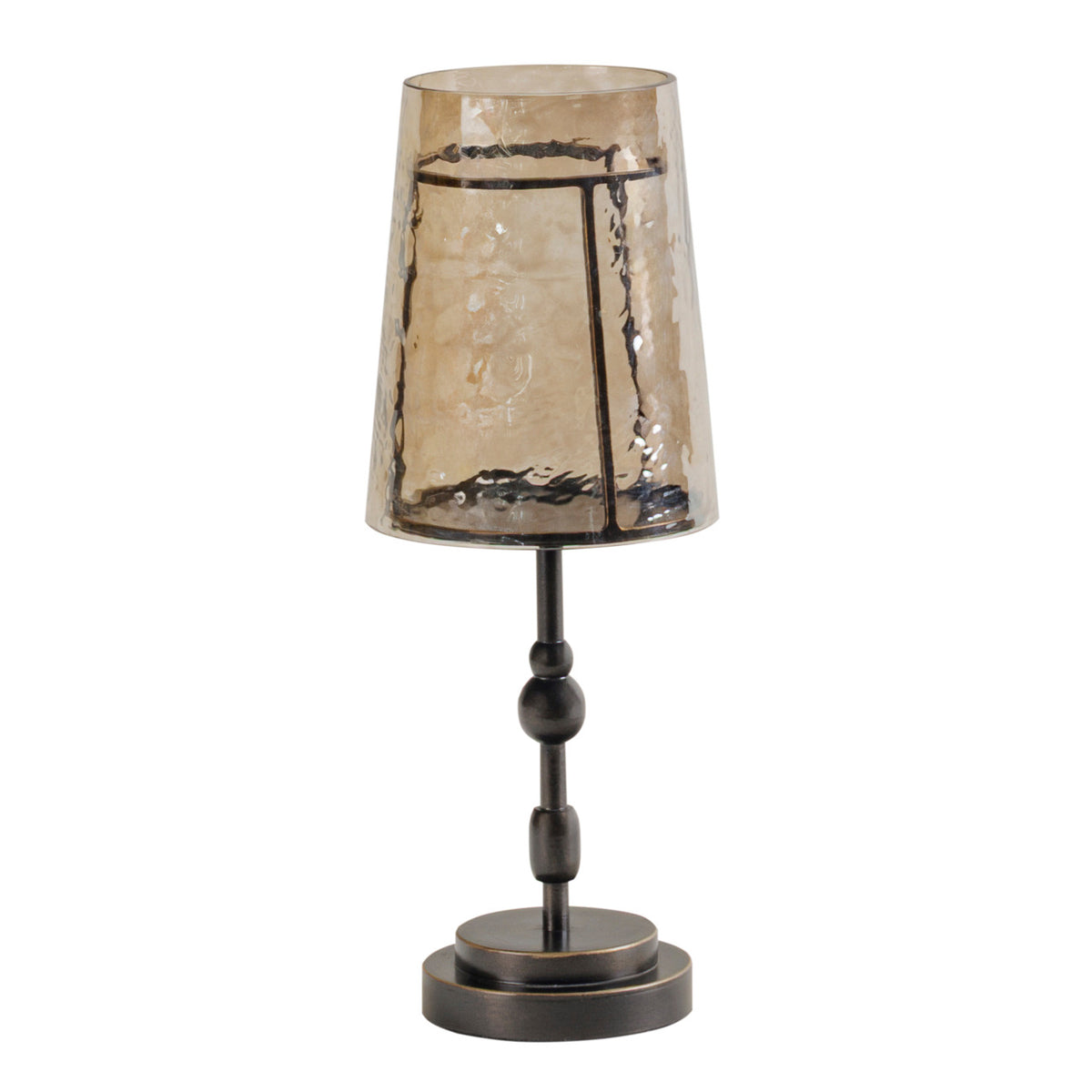 Alternate full view showing the open glass shade and dark iron framework visible through its rippled surface.
