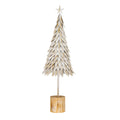 White decorative tree with a star on top, layered pointed panels with gold-brown veins, a slender stem and a cylindrical brown base.