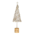 White decorative tree with a star on top, layered pointed panels with gold-brown veins, a slender stem and a cylindrical brown base.