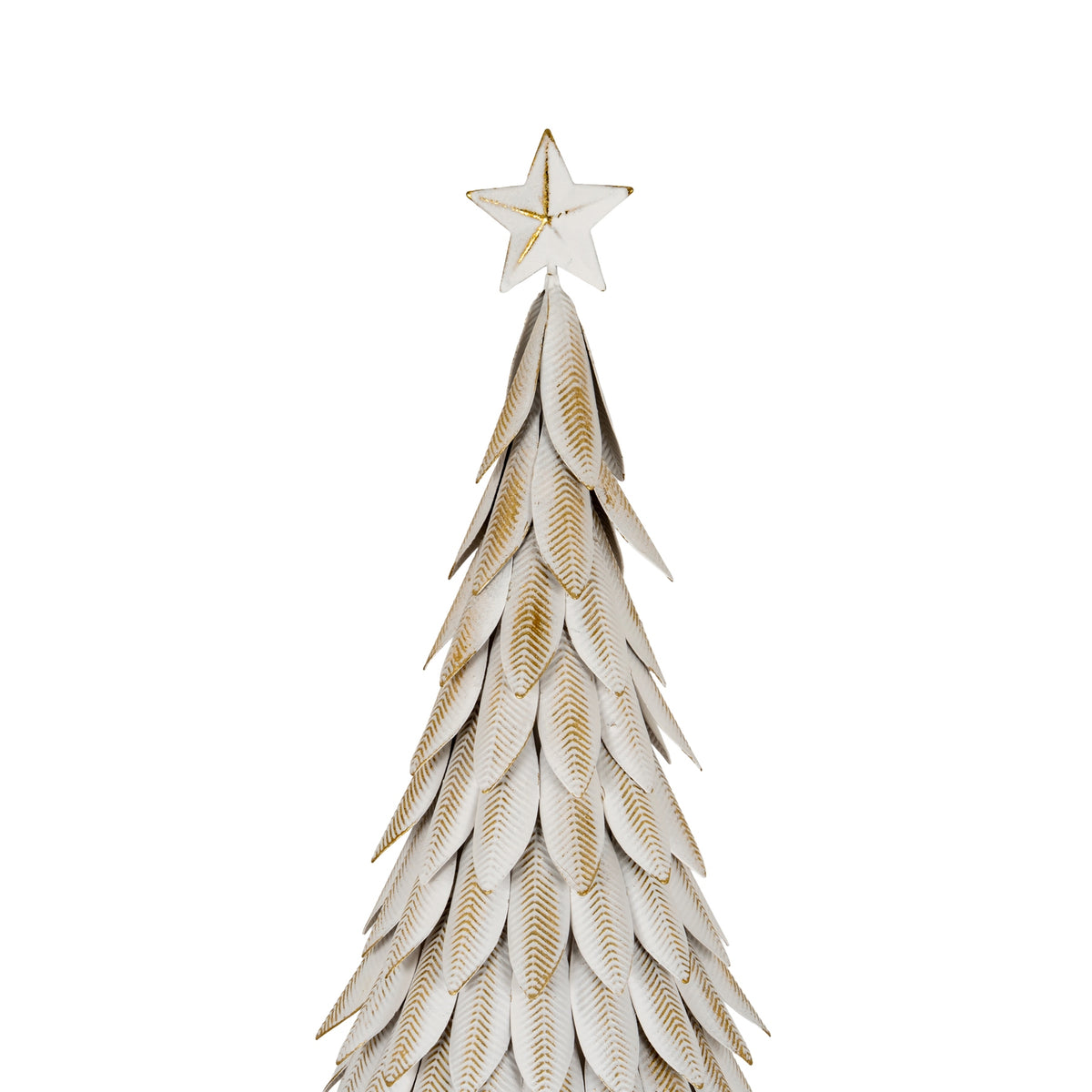 Close-up of the white star and overlapping leaf-like tree panels, showing gold-brown vein lines and the gaps between the layers.