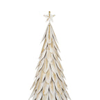 Close-up of the white star topper and layered leaf-shaped panels, showing gold-brown vein lines and edging.