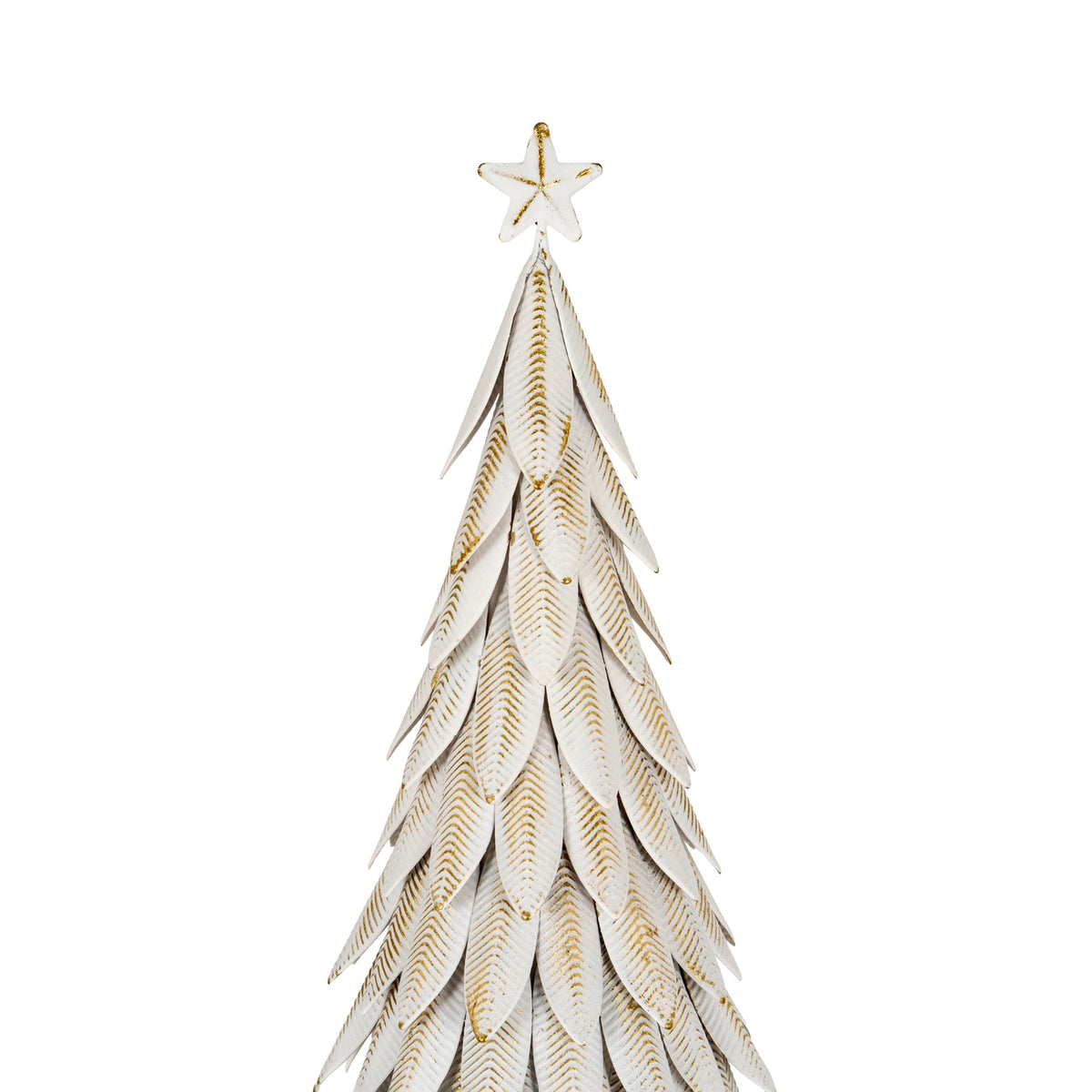Close-up of the white star topper and layered leaf-shaped panels, showing gold-brown vein lines and edging.