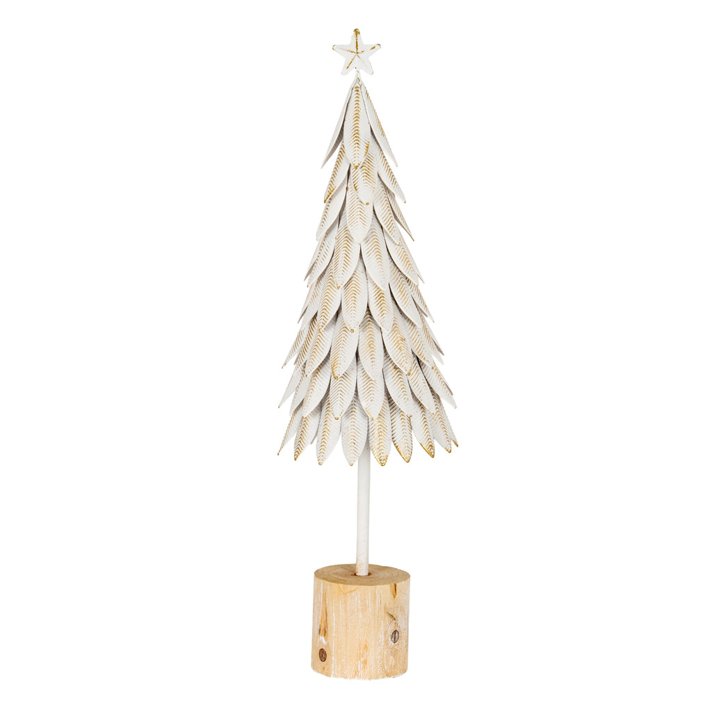 Full view of a white star-topped decorative tree with overlapping pointed panels, gold-brown vein marks and a cylindrical brown base.