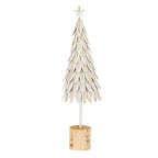 Full view of a white star-topped decorative tree with overlapping pointed panels, gold-brown vein marks and a cylindrical brown base.