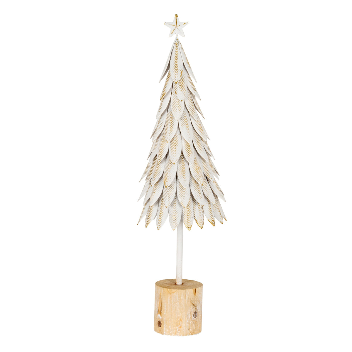 Full view of a white star-topped decorative tree with overlapping pointed panels, gold-brown vein marks and a cylindrical brown base.