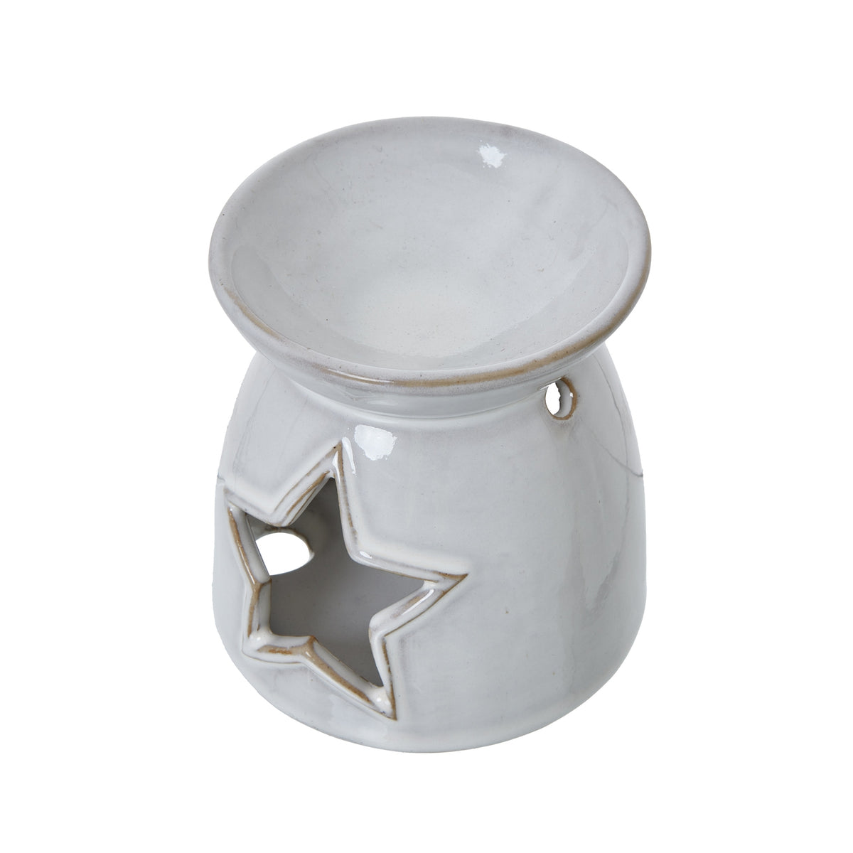 Angled view from above showing the warmer's shallow circular bowl, brown-toned rim, star opening and small round side hole.