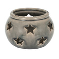 Rounded grey-beige candle lantern with star-shaped cut-outs, a crackle-patterned surface and an open top on a white background.