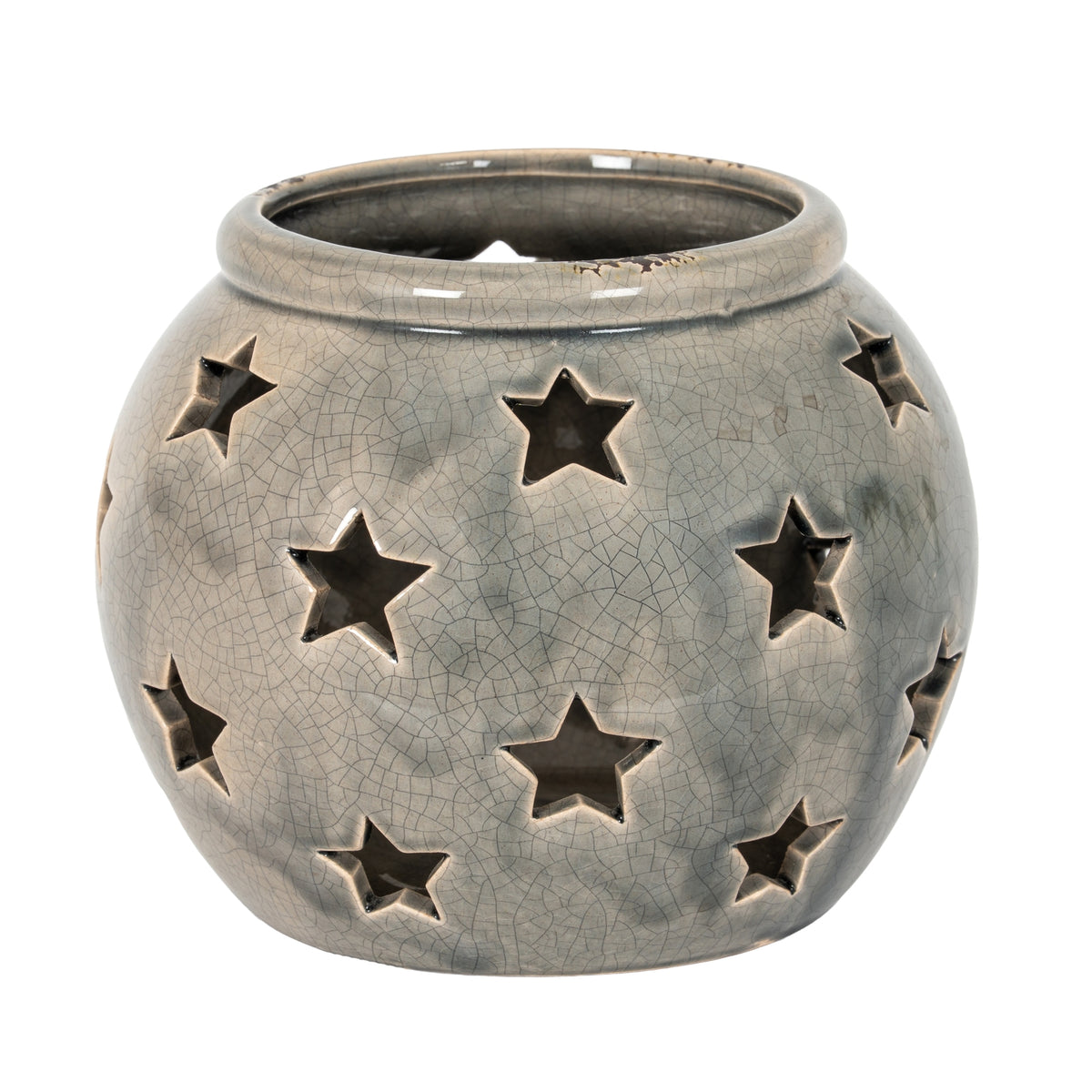 Rounded grey lantern on a white background, with an open rolled rim, rows of star cutouts and a glossy crackle pattern.
