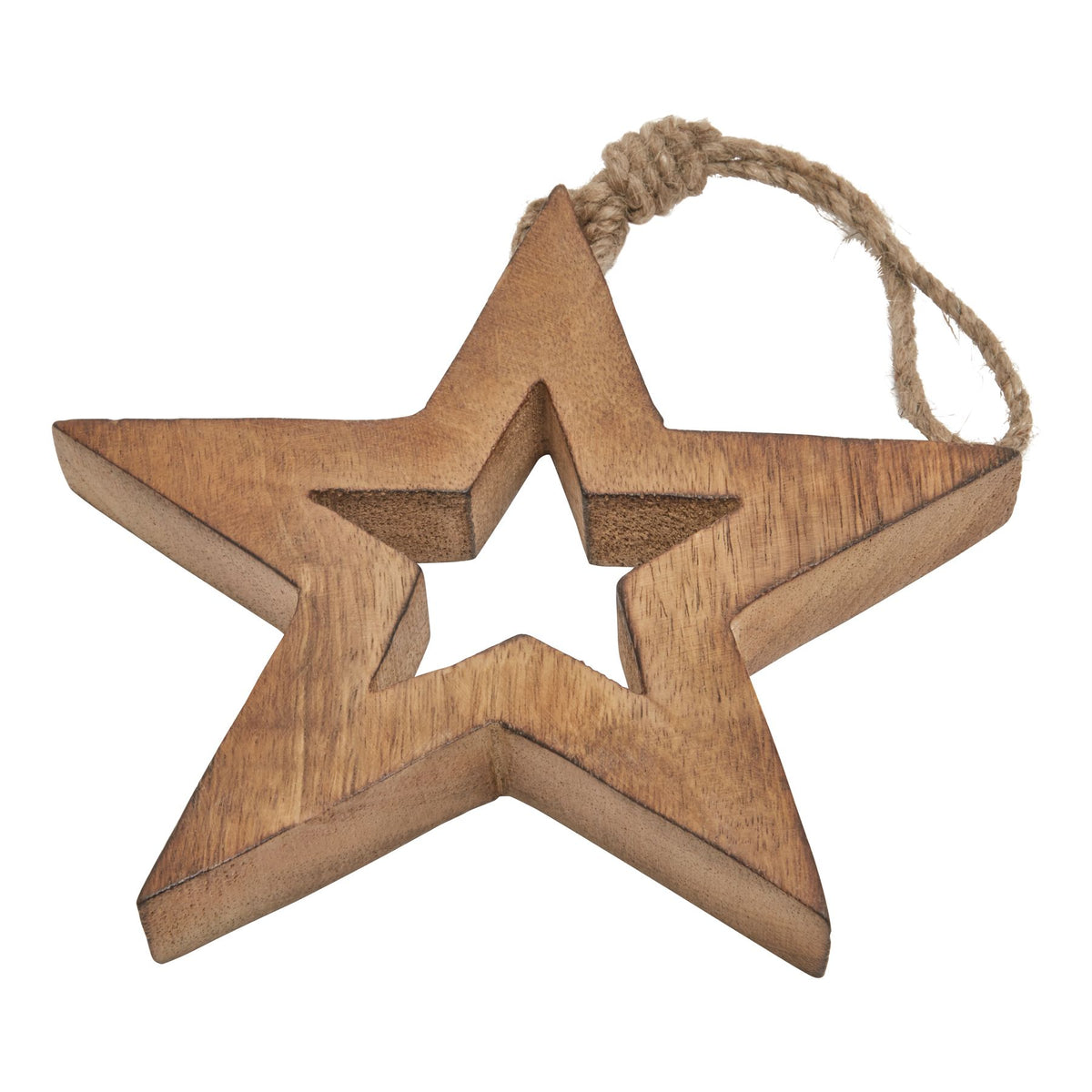 Close-up of the five-point brown star, showing its grain, darker edges and open centre, with the tan loop resting above.