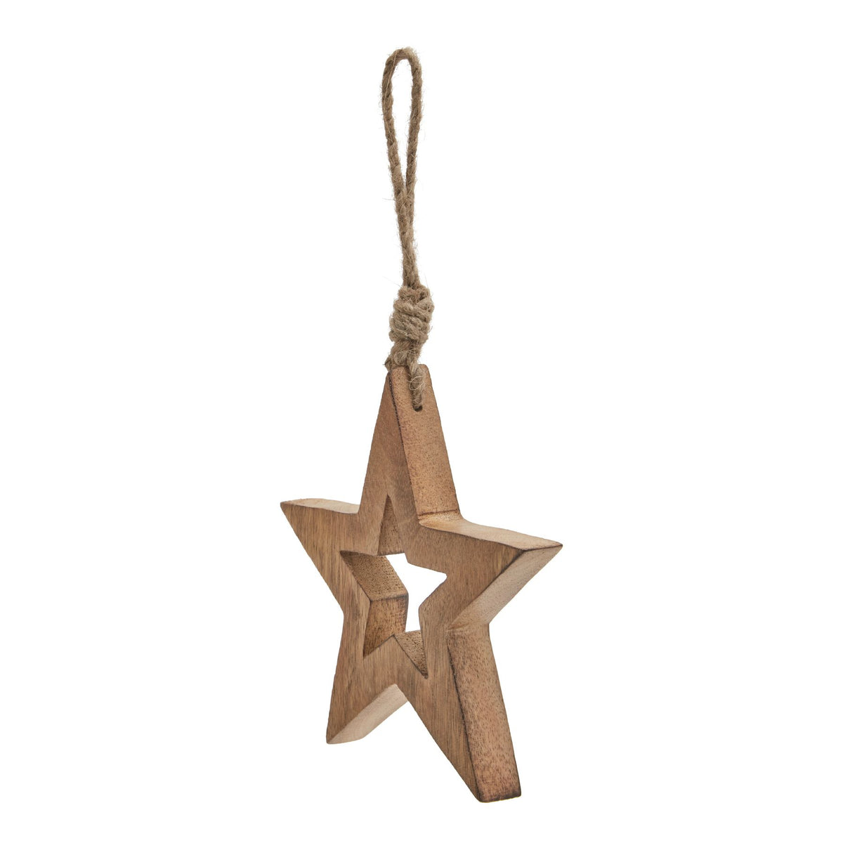 Angled view of a brown star outline decoration with a smaller star-shaped opening and long knotted tan hanging loop.