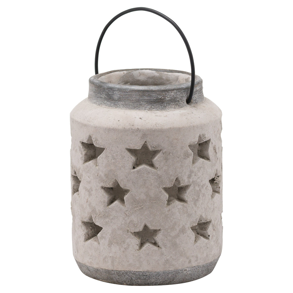 Full view of a pale mottled cylindrical lantern with rows of star cutouts, a dark grey rim and base, and a black arch handle.
