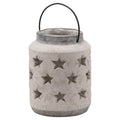 Full view of a pale mottled cylindrical lantern with rows of star cutouts, a dark grey rim and base, and a black arch handle.