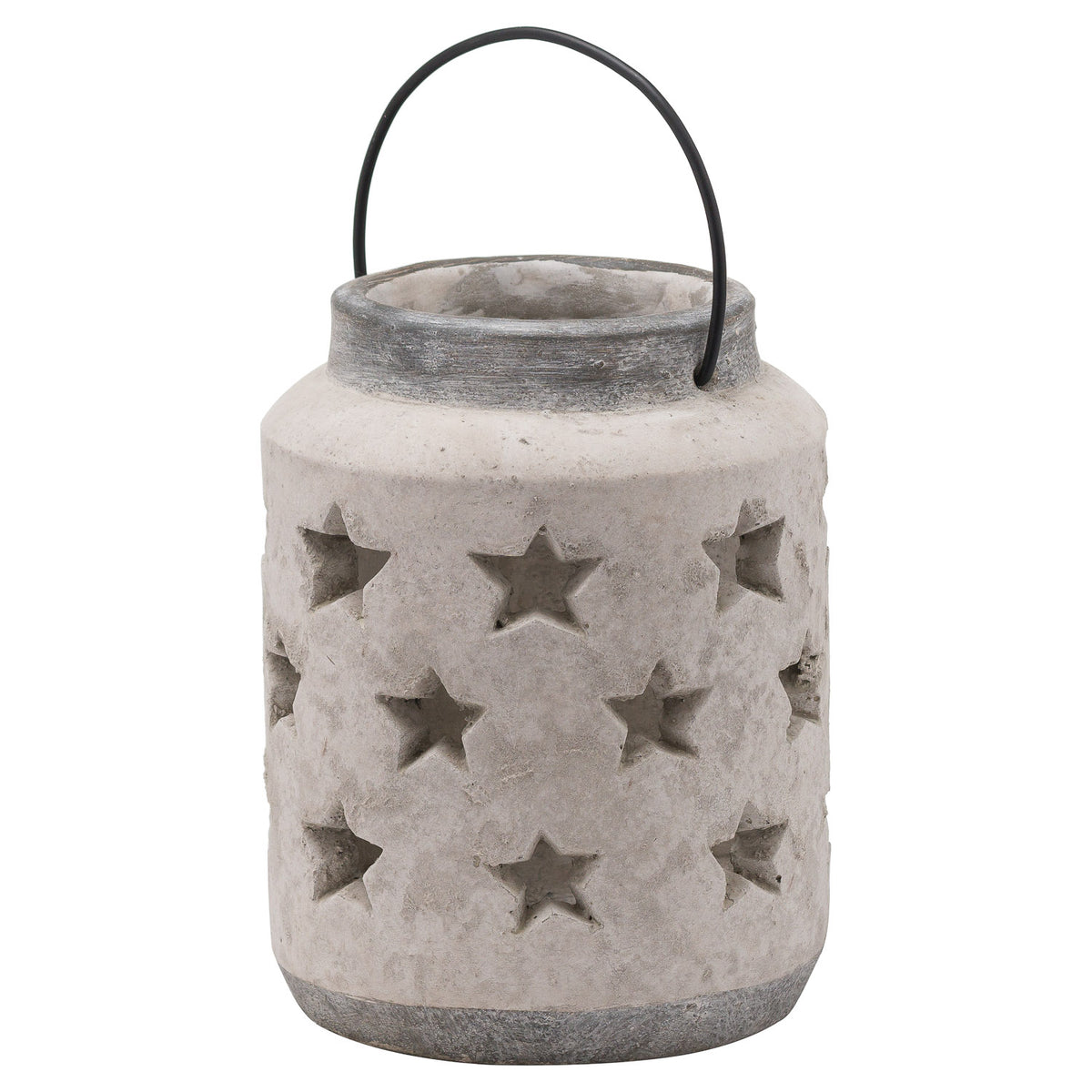 Full view of a pale mottled cylindrical lantern with rows of star cutouts, a dark grey rim and base, and a black arch handle.