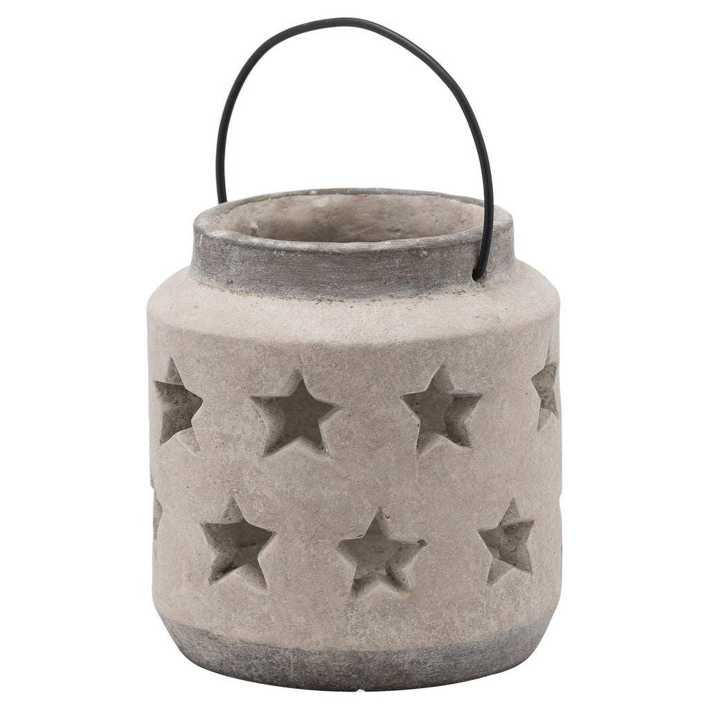 Small squat lantern with two rows of star-shaped cutouts, a pale mottled body, dark rim and base, and an upright black arch handle.