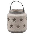 Small squat lantern with two rows of star-shaped cutouts, a pale mottled body, dark rim and base, and an upright black arch handle.
