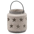 Small squat lantern with two rows of star-shaped cutouts, a pale mottled body, dark rim and base, and an upright black arch handle.