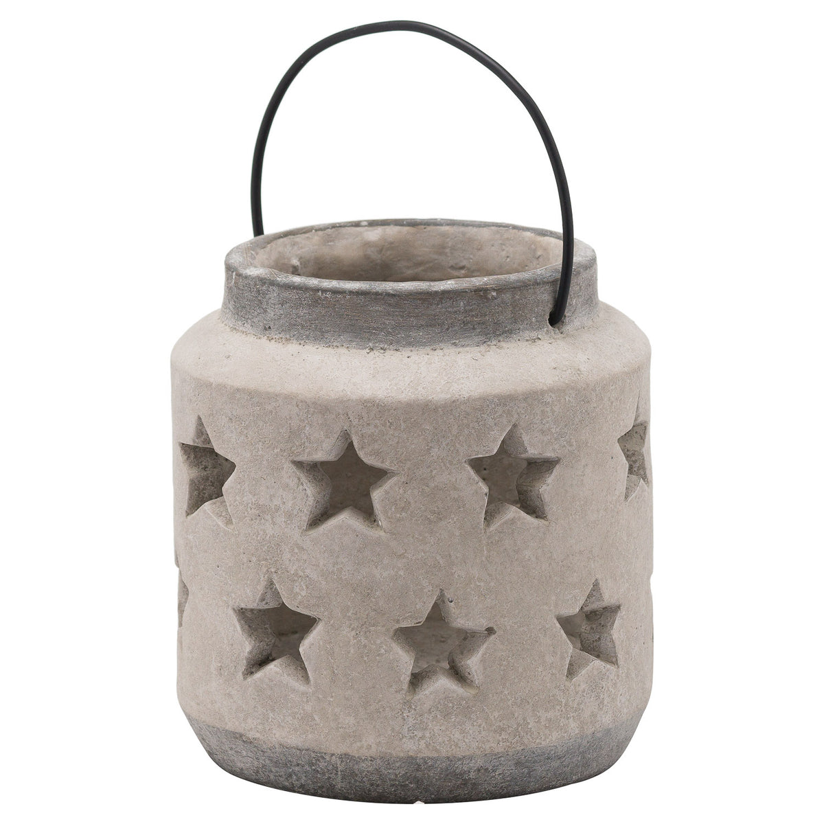 Small squat lantern with two rows of star-shaped cutouts, a pale mottled body, dark rim and base, and an upright black arch handle.