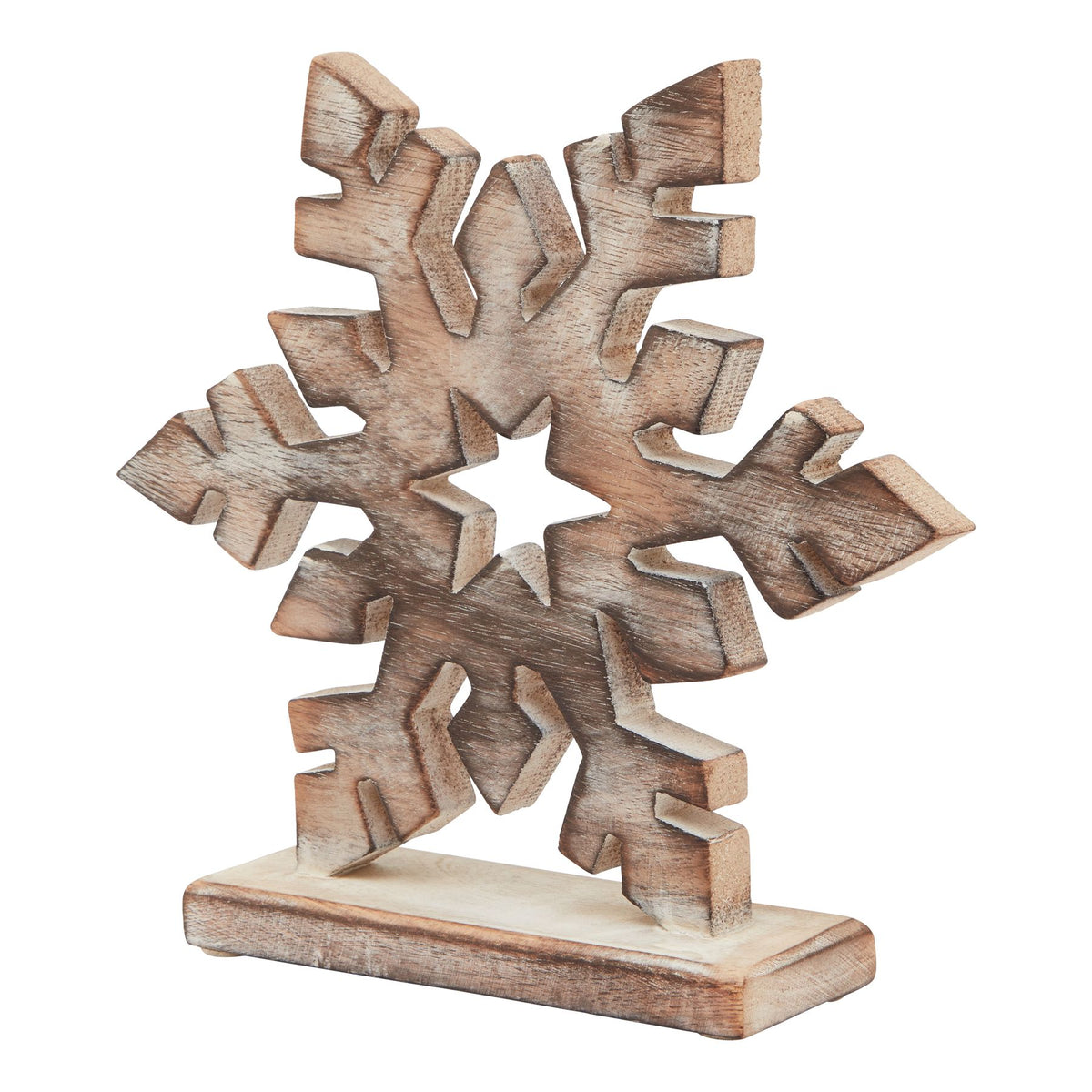 Standing brown and pale-washed snowflake decoration with branching arms, a star-shaped opening and a rectangular base, viewed at a slight angle.