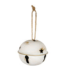 Single cream-white bell hanging from a long knotted tan loop, with a star cut-out above its raised middle seam and keyhole-shaped openings below.