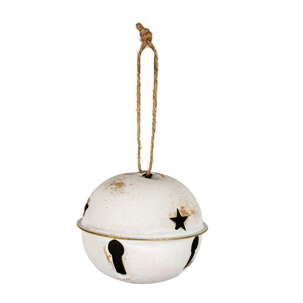 Single cream-white bell hanging from a long knotted tan loop, with a star cut-out above its raised middle seam and keyhole-shaped openings below.