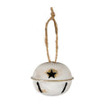 Pale white spherical hanging bell with a star opening above a raised gold-coloured midline rim, elongated openings below and a tan knotted loop.