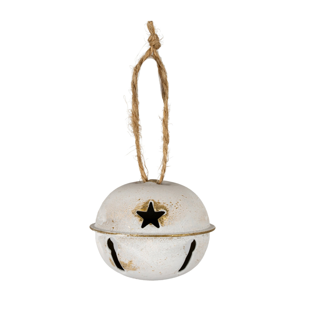 Pale white spherical hanging bell with a star opening above a raised gold-coloured midline rim, elongated openings below and a tan knotted loop.