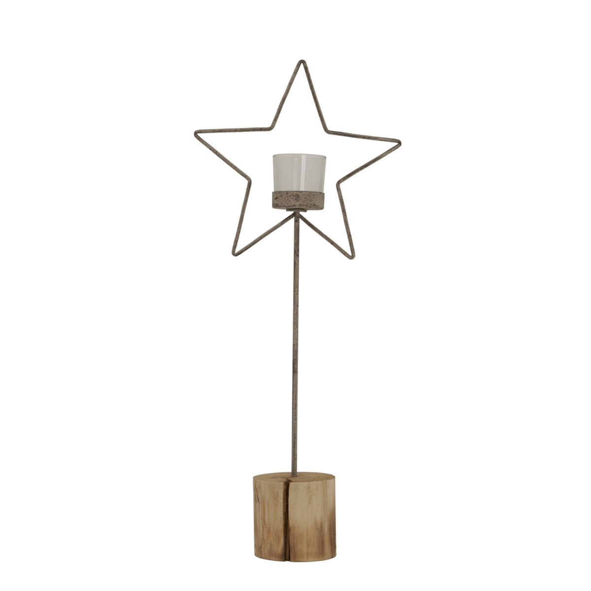 Full view of a star-outline candle holder with a clear cup, slender upright stem and warm-toned log-style block base.