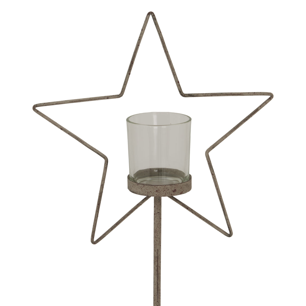 Close-up of the open star outline surrounding a clear cylindrical cup on a round support, showing the mottled surface of the frame.