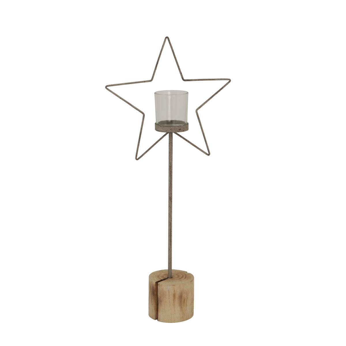 Full view of the star-outline candle holder with a clear cup, slender upright stem and pale log-style block base.