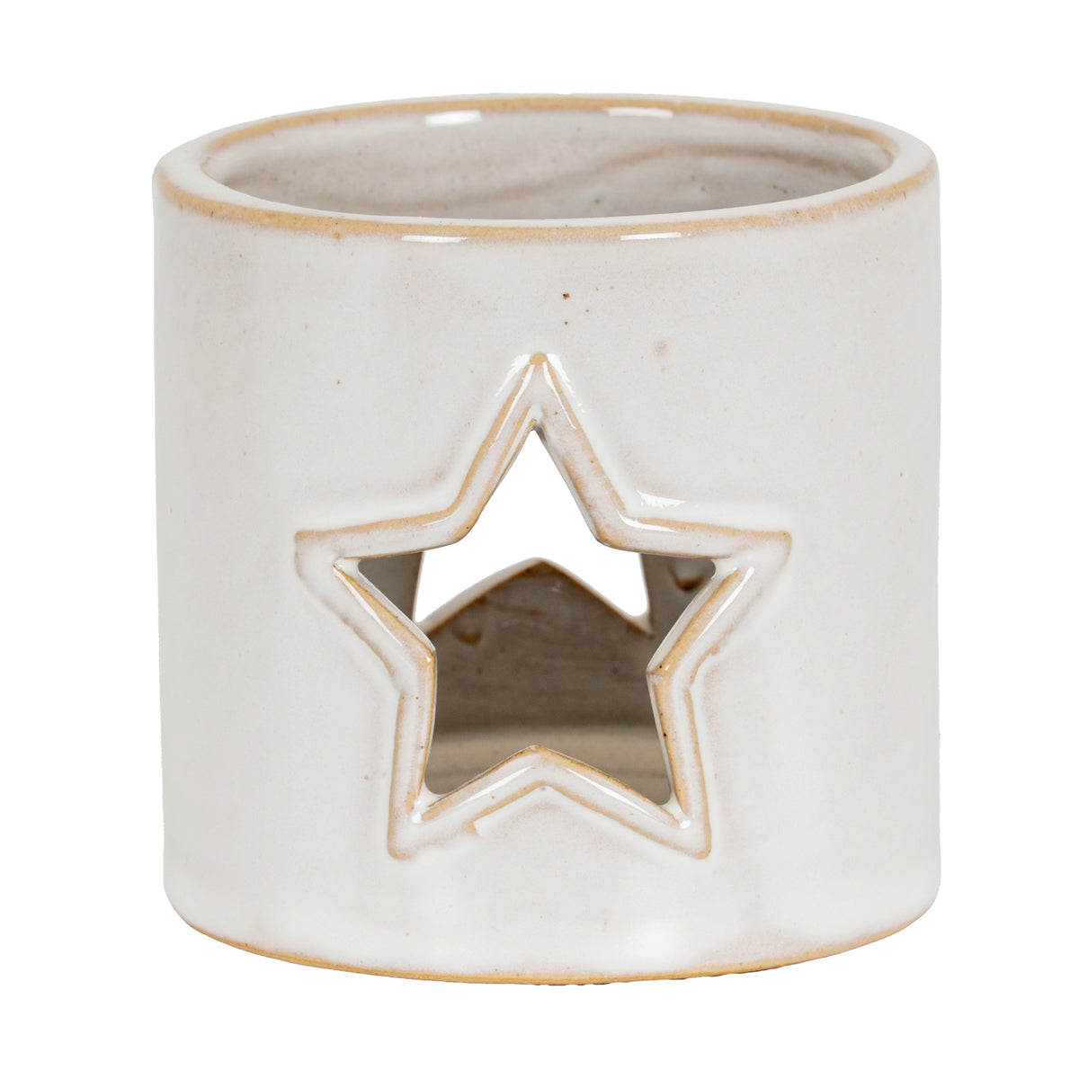 Cream-white cylindrical candle holder viewed slightly from above, showing a tan-edged star opening and open rim.