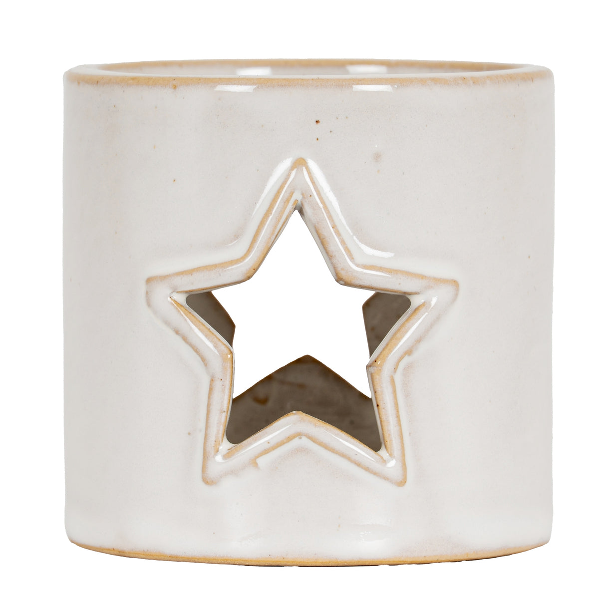 Straight-on view of the glossy cream-white candle holder with a central star cut-out, tan outlines and scattered small speckles.