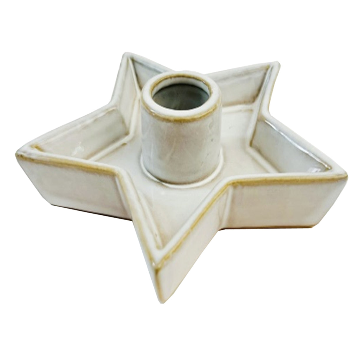 Cream star-shaped candle holder viewed at an angle, with raised tray edges, a central cylindrical socket and warm brown rim detailing.