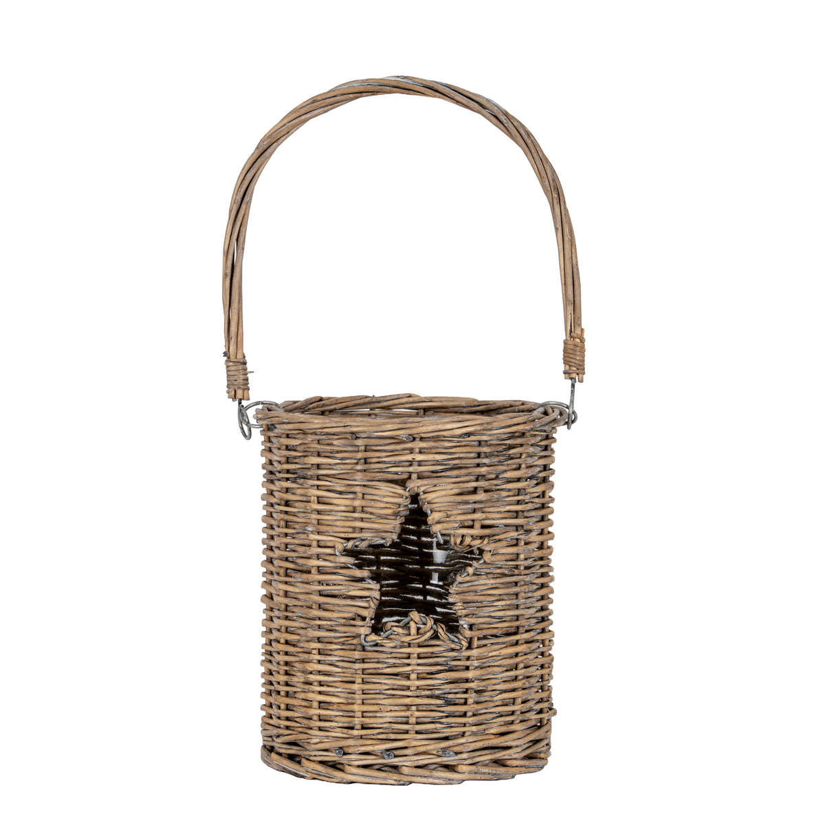 Brown woven cylindrical lantern with a five-point star opening, a clear inner vessel visible through the star, and a tall bundled arch handle attached by small rings, shown against white.