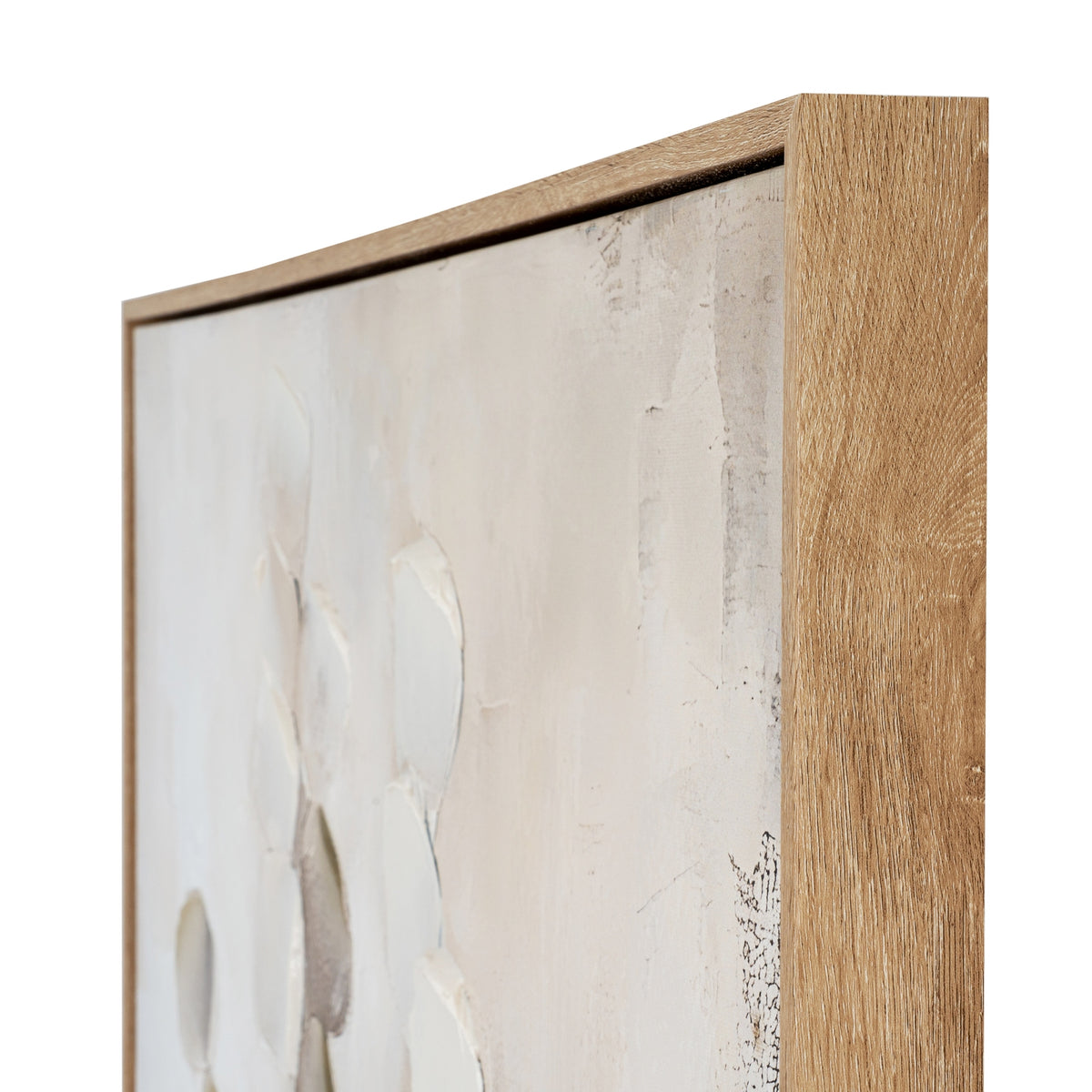Angled close-up of the artwork's upper-right corner, showing the grain-like frame finish and pale textured surface.