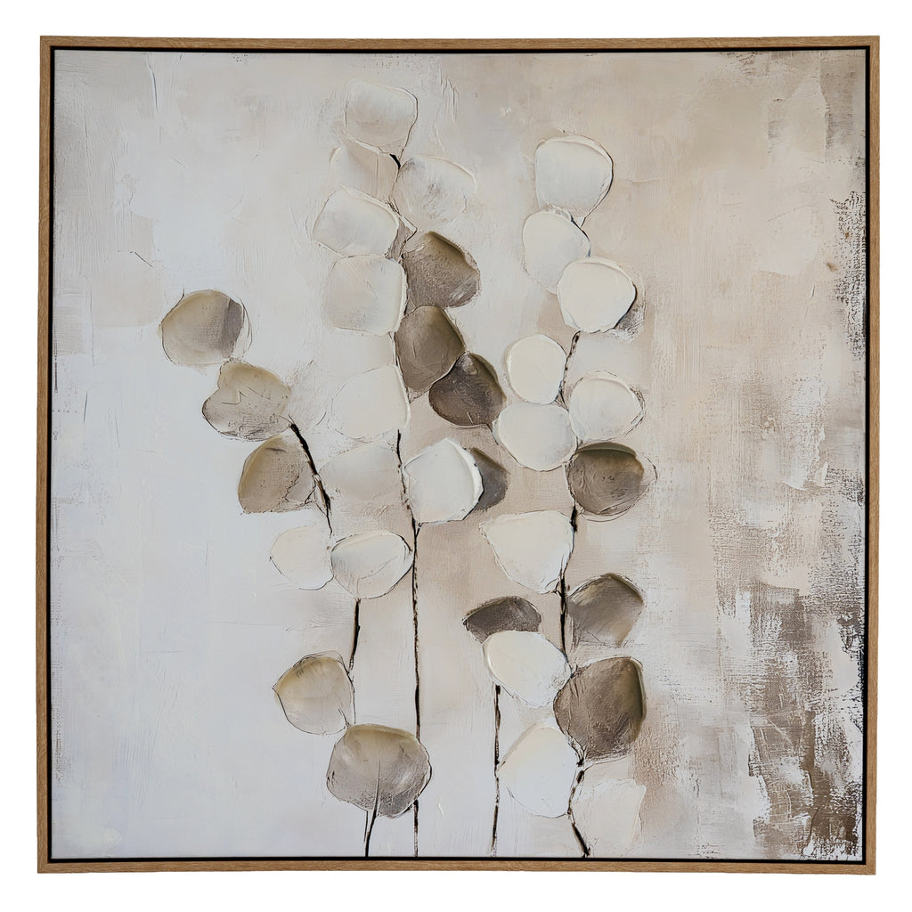 Front view of square Stemmed Leafscatter artwork, with pale and taupe rounded leaves on dark stems inside a light-brown frame.