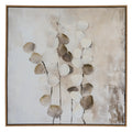Front view of square Stemmed Leafscatter artwork, with pale and taupe rounded leaves on dark stems inside a light-brown frame.