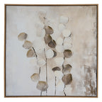 Front view of square Stemmed Leafscatter artwork, with pale and taupe rounded leaves on dark stems inside a light-brown frame.