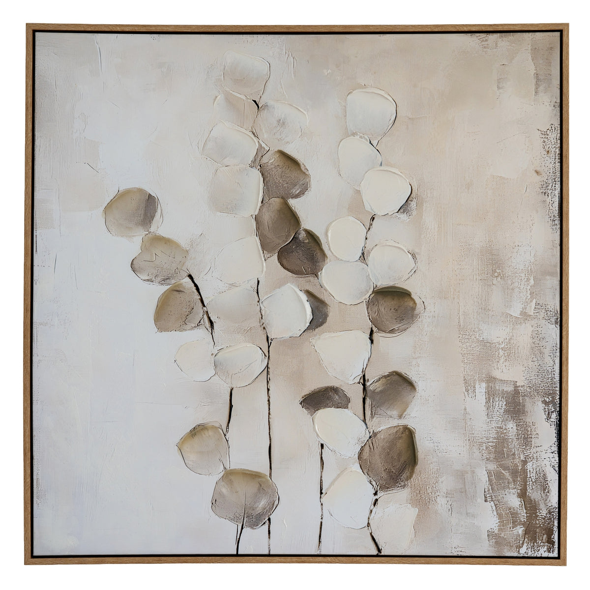 Front view of square Stemmed Leafscatter artwork, with pale and taupe rounded leaves on dark stems inside a light-brown frame.