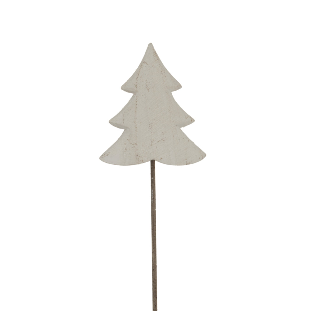 Whitewashed fir tree ornament with three curved tiers on a slender dark stem, against a white background.