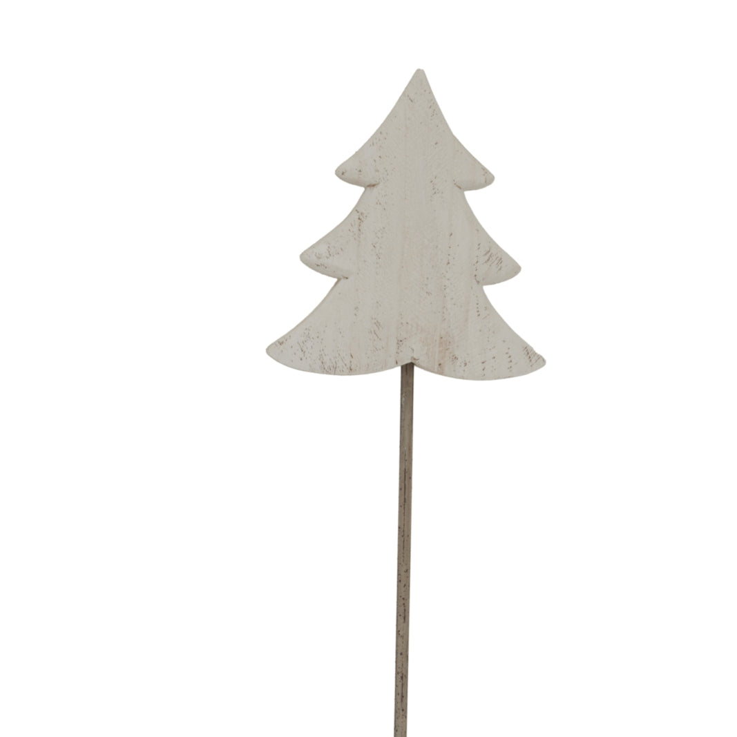 Whitewashed fir tree ornament with three curved branch tiers raised on a slender dark stem against a white background.