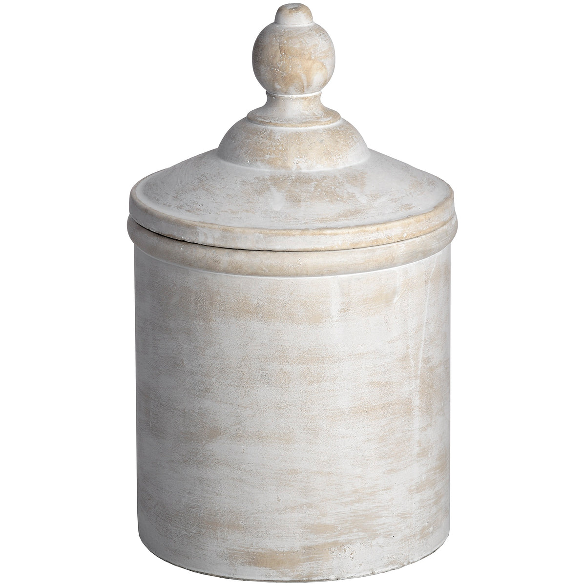 Pale cylindrical decorative canister with a stepped dome lid and rounded finial, showing warm beige patches through the whitewashed surface.