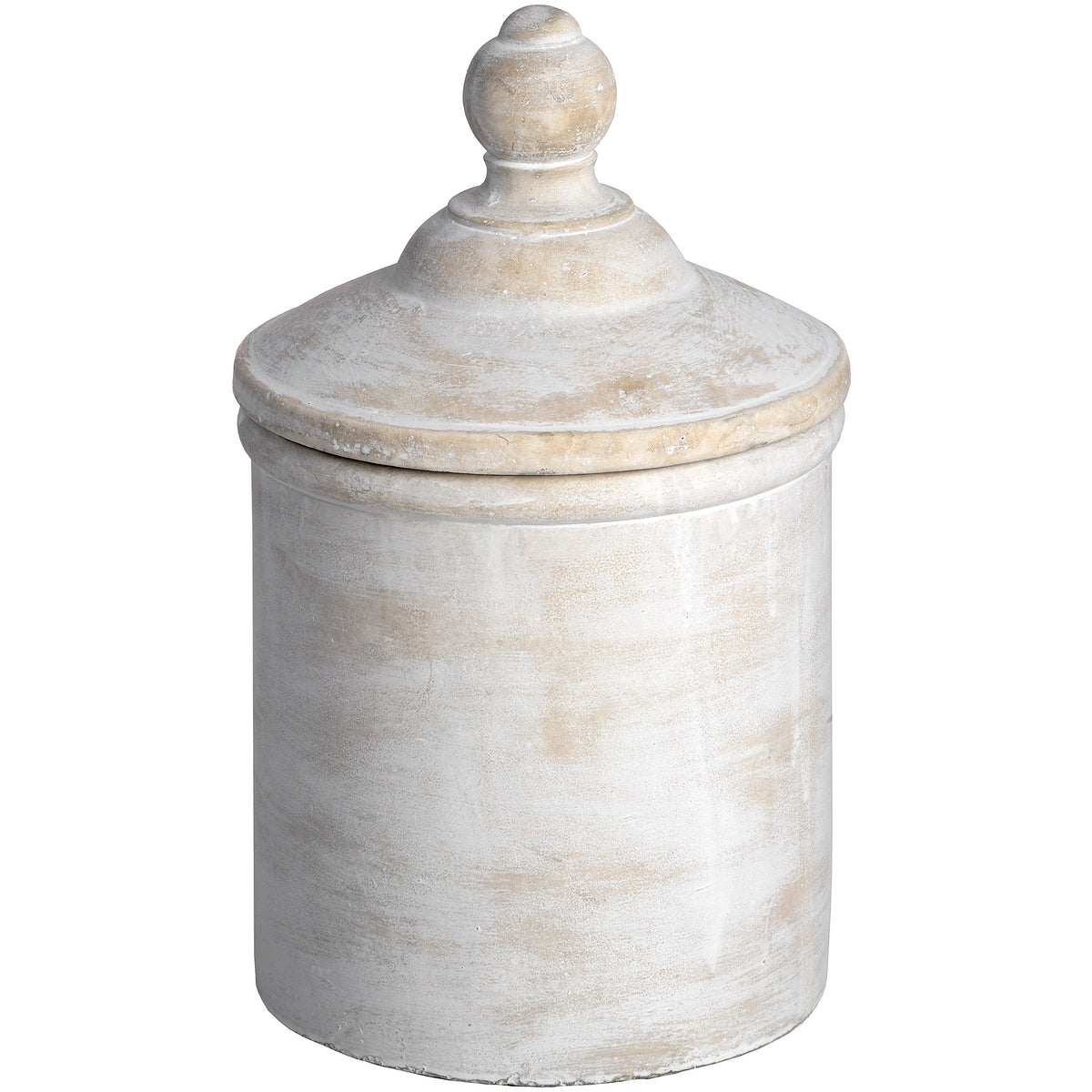 Pale cylindrical decorative canister with a stepped dome lid and rounded finial, showing warmer beige patches through its whitewashed surface.