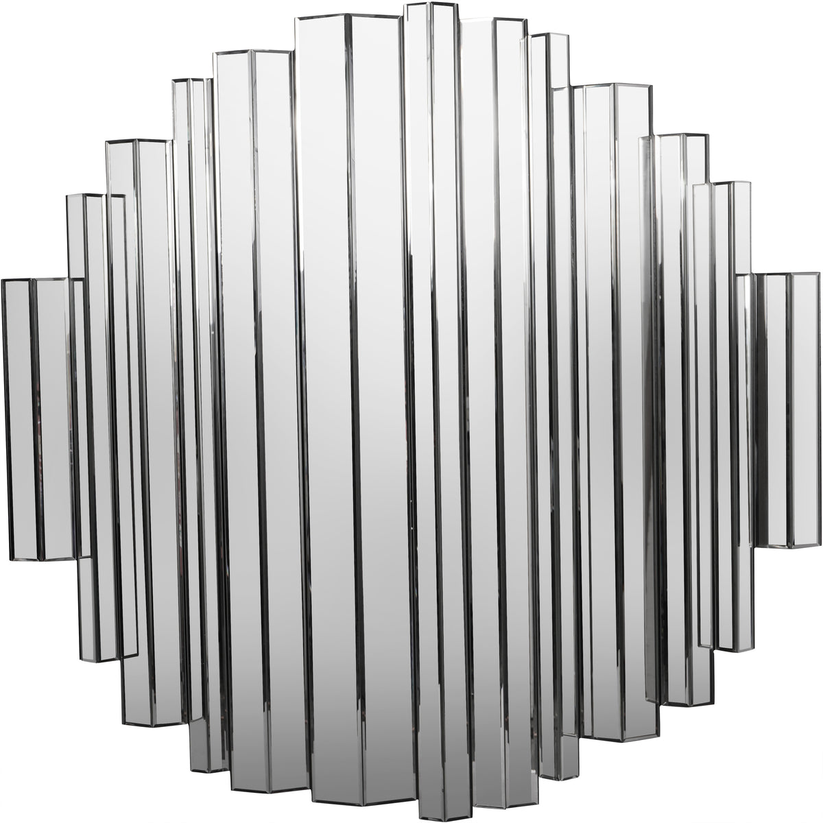 Front view of a mirror with staggered vertical panels forming a stepped outline against a white background.