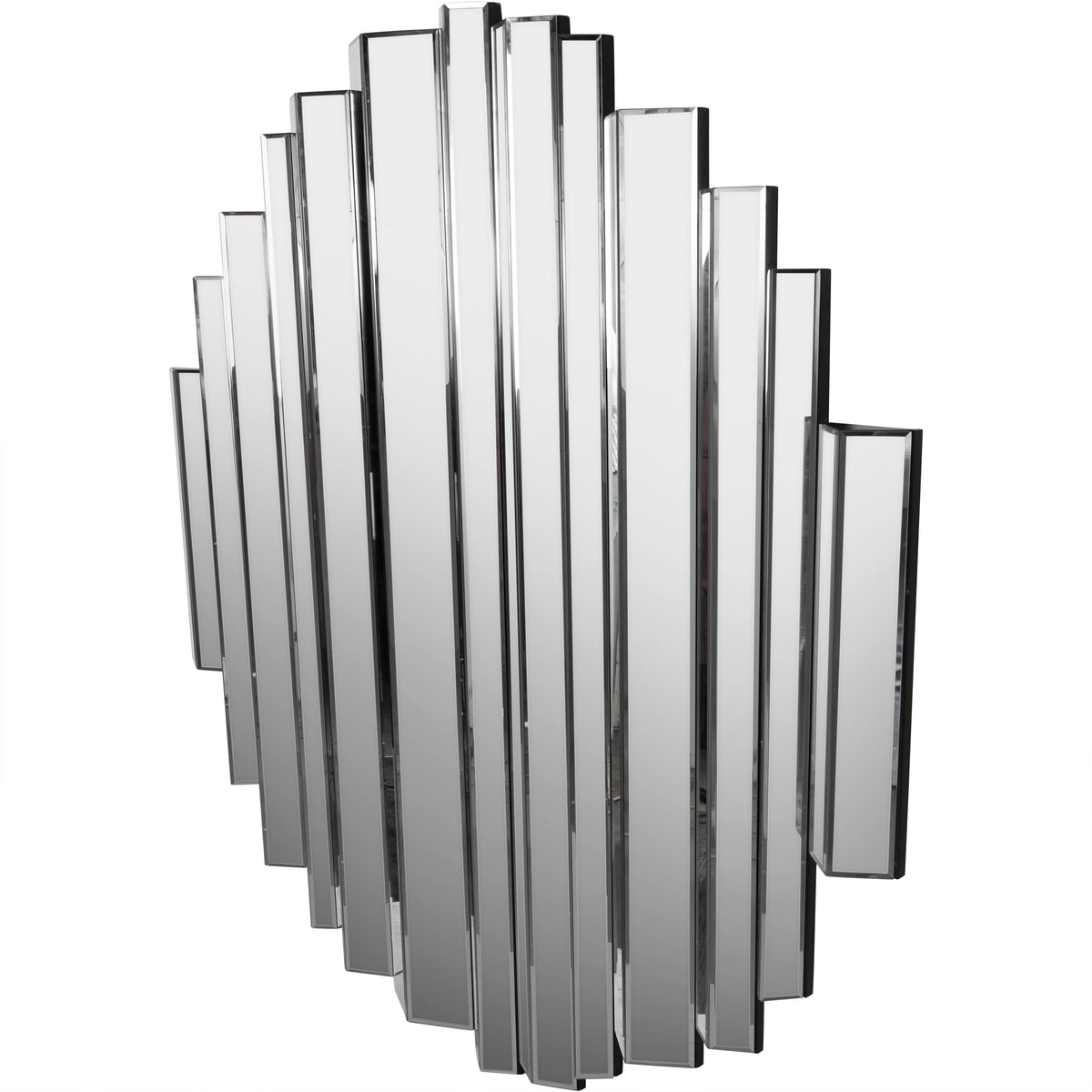 Angled view of the stepped mirror showing projecting panel faces, bevelled borders and dark side edges.